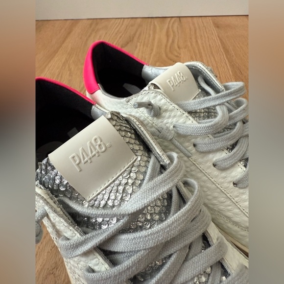 P448 John Lace-Up Low-Top Leather White Pink Silver Sneakers Size 42 / 11.5-12 - Picture 8 of 15